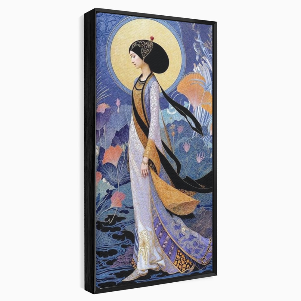 Tablou Canvas Premium, LuxCanva® G1145, Regina Gradinii Lunare, Lady, Luna, Flori, Eleganta, Oriental, Lotus, Rafinat, Art Nouveau, Mistic, Visare, Plimbare, Birou, Living