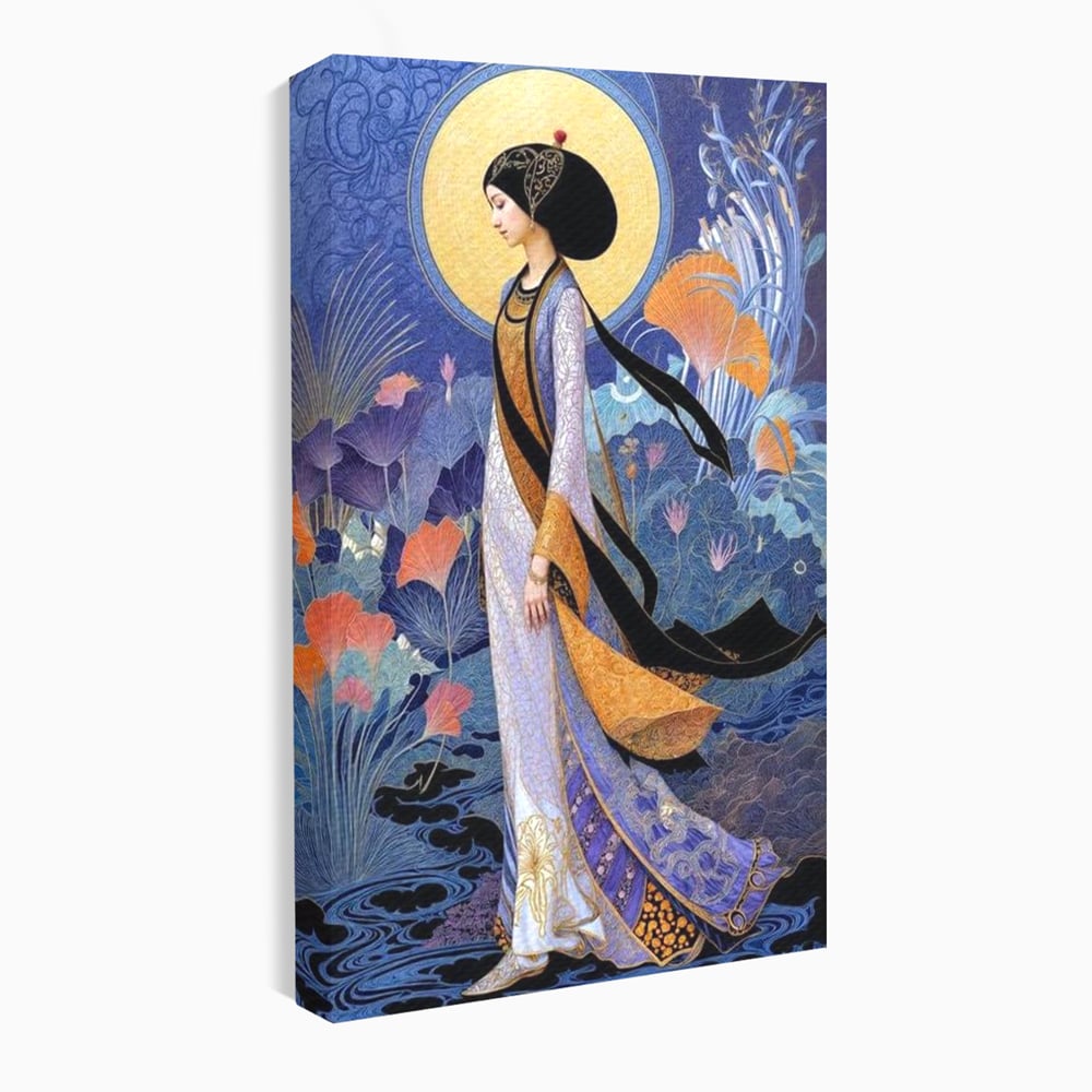 Tablou Canvas Premium, LuxCanva® G1145, Regina Gradinii Lunare, Lady, Luna, Flori, Eleganta, Oriental, Lotus, Rafinat, Art Nouveau, Mistic, Visare, Plimbare, Birou, Living
