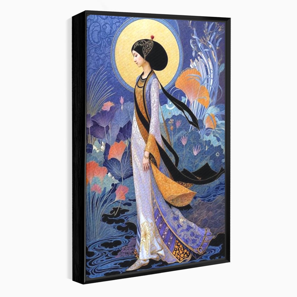 Tablou Canvas Premium, LuxCanva® G1145, Regina Gradinii Lunare, Lady, Luna, Flori, Eleganta, Oriental, Lotus, Rafinat, Art Nouveau, Mistic, Visare, Plimbare, Birou, Living
