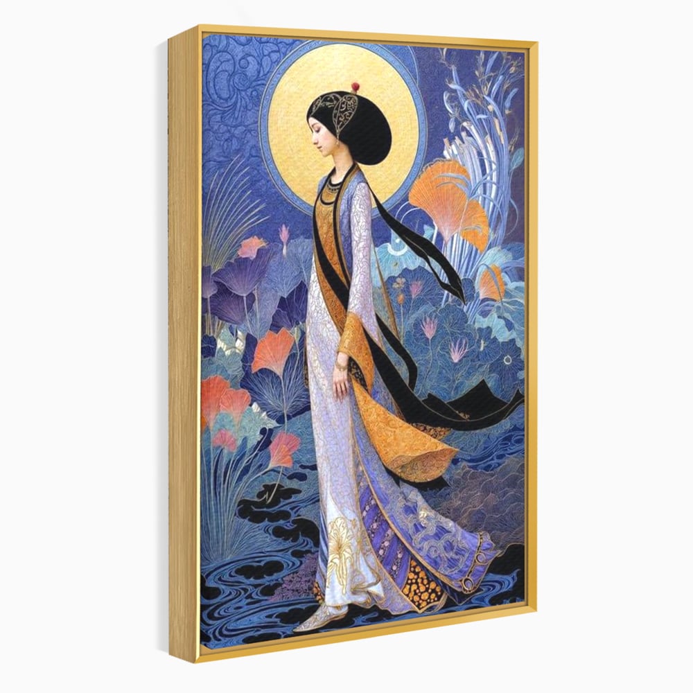 Tablou Canvas Premium, LuxCanva® G1145, Regina Gradinii Lunare, Lady, Luna, Flori, Eleganta, Oriental, Lotus, Rafinat, Art Nouveau, Mistic, Visare, Plimbare, Birou, Living