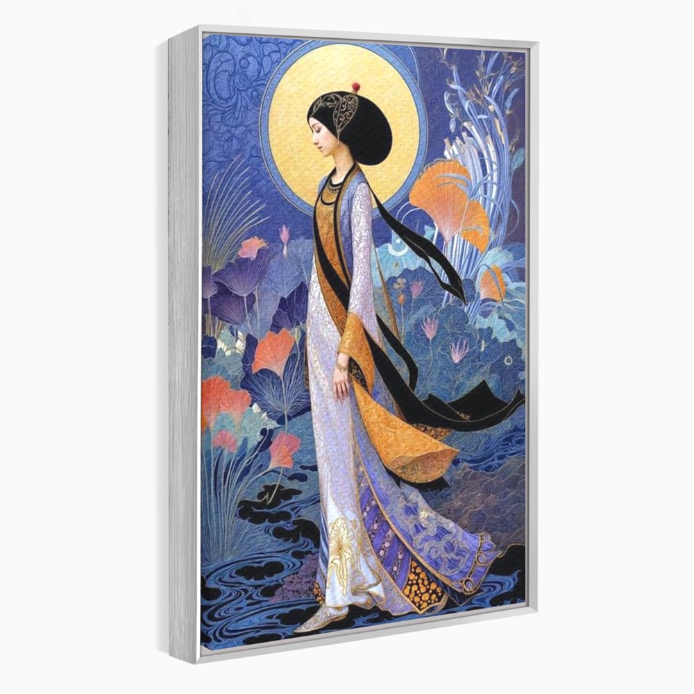 Tablou Canvas Premium, LuxCanva® G1145, Regina Gradinii Lunare, Lady, Luna, Flori, Eleganta, Oriental, Lotus, Rafinat, Art Nouveau, Mistic, Visare, Plimbare, Birou, Living