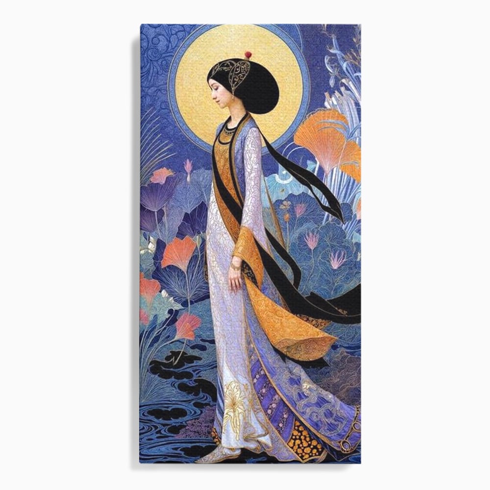 Tablou Canvas Premium, LuxCanva® G1145, Regina Gradinii Lunare, Lady, Luna, Flori, Eleganta, Oriental, Lotus, Rafinat, Art Nouveau, Mistic, Visare, Plimbare, Birou, Living