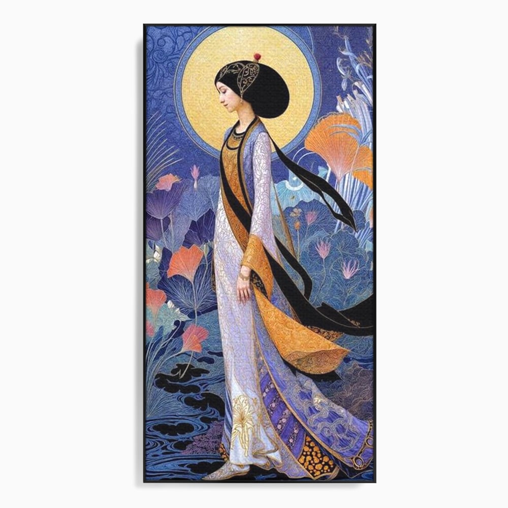 Tablou Canvas Premium, LuxCanva® G1145, Regina Gradinii Lunare, Lady, Luna, Flori, Eleganta, Oriental, Lotus, Rafinat, Art Nouveau, Mistic, Visare, Plimbare, Birou, Living