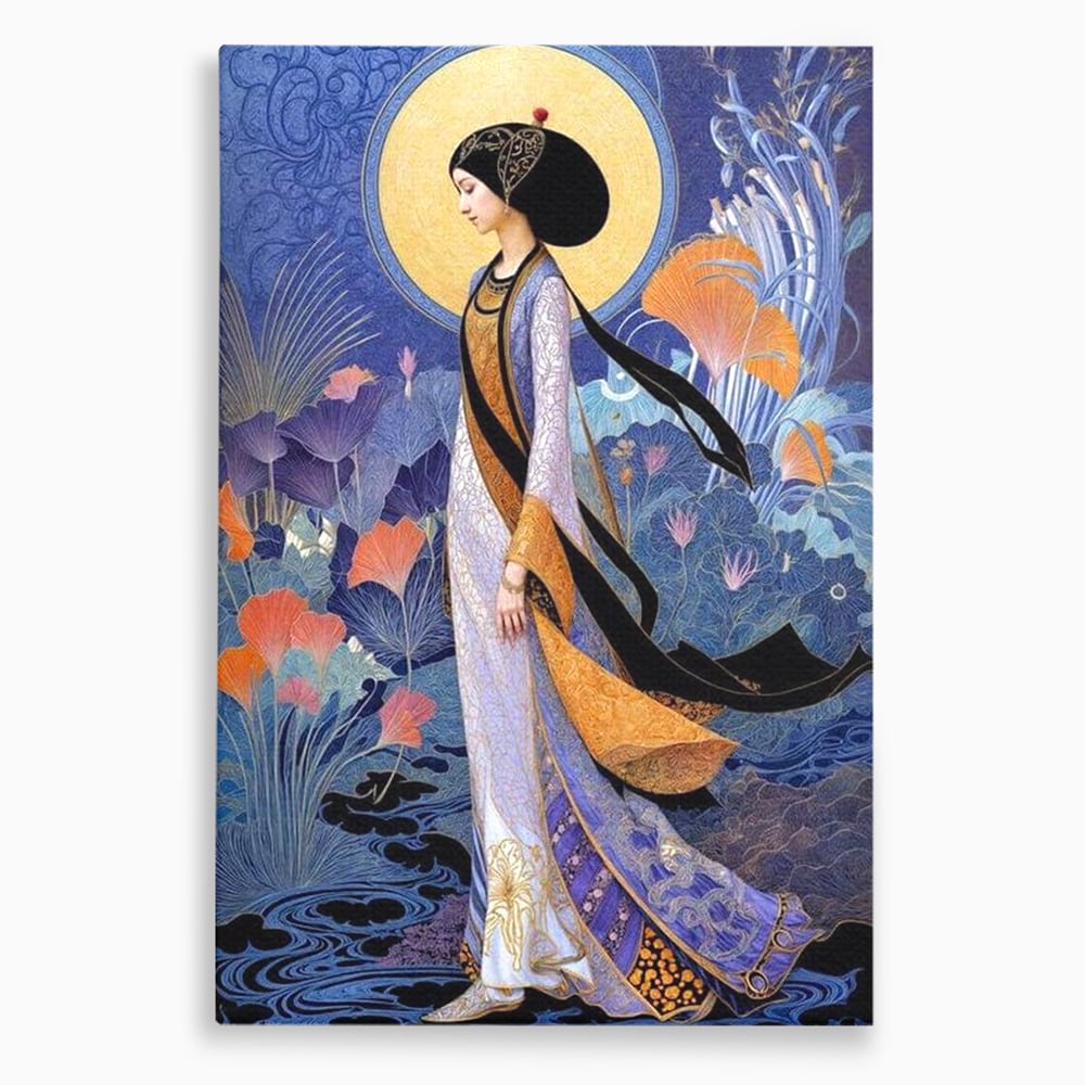 Tablou Canvas Premium, LuxCanva® G1145, Regina Gradinii Lunare, Lady, Luna, Flori, Eleganta, Oriental, Lotus, Rafinat, Art Nouveau, Mistic, Visare, Plimbare, Birou, Living