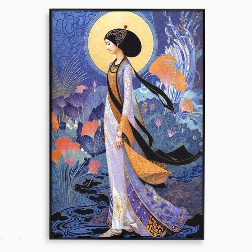 Tablou Canvas Premium, LuxCanva® G1145, Regina Gradinii Lunare, Lady, Luna, Flori, Eleganta, Oriental, Lotus, Rafinat, Art Nouveau, Mistic, Visare, Plimbare, Birou, Living
