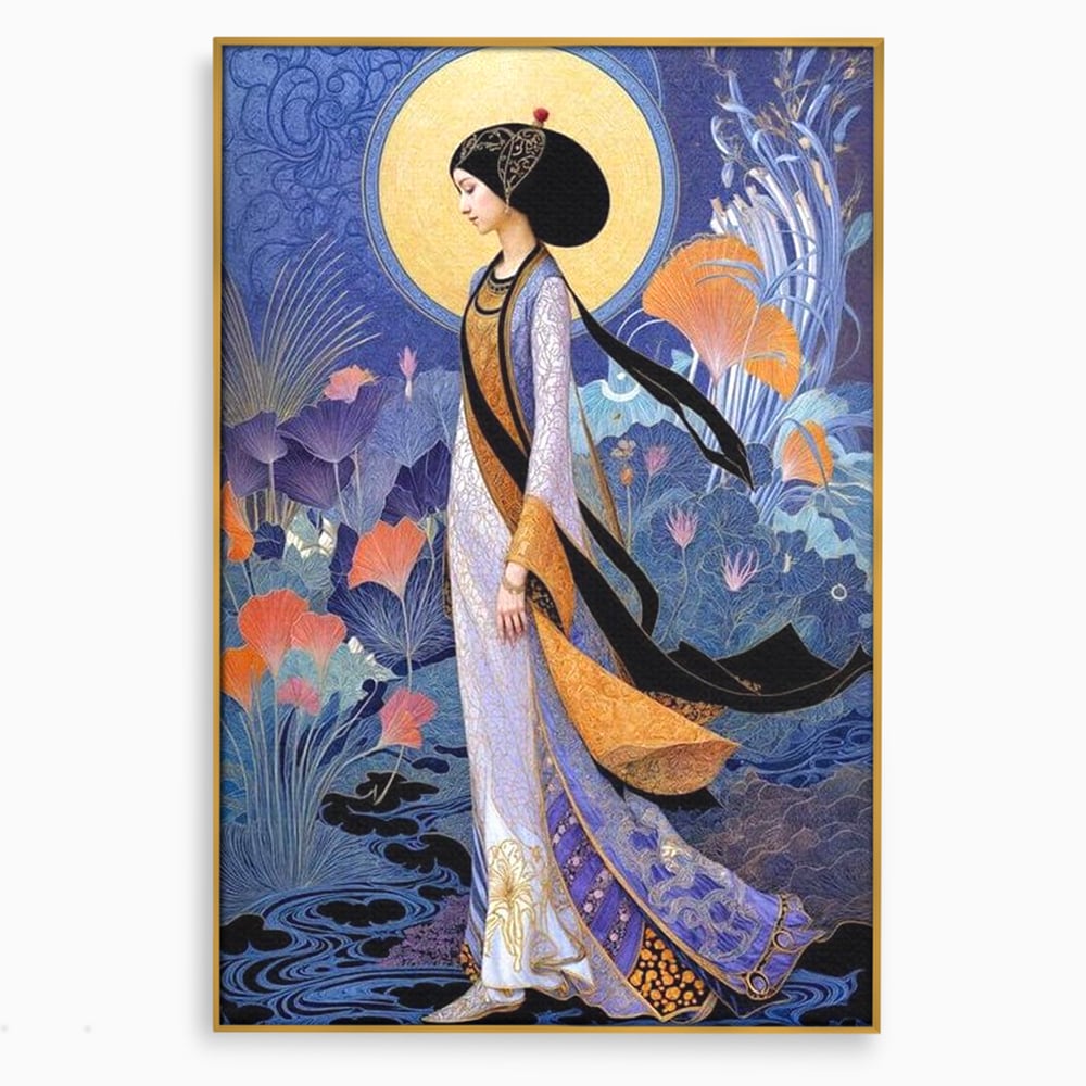 Tablou Canvas Premium, LuxCanva® G1145, Regina Gradinii Lunare, Lady, Luna, Flori, Eleganta, Oriental, Lotus, Rafinat, Art Nouveau, Mistic, Visare, Plimbare, Birou, Living