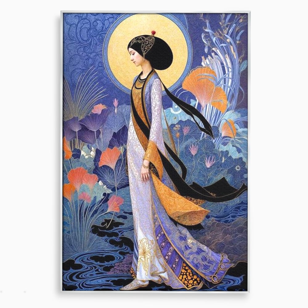 Tablou Canvas Premium, LuxCanva® G1145, Regina Gradinii Lunare, Lady, Luna, Flori, Eleganta, Oriental, Lotus, Rafinat, Art Nouveau, Mistic, Visare, Plimbare, Birou, Living