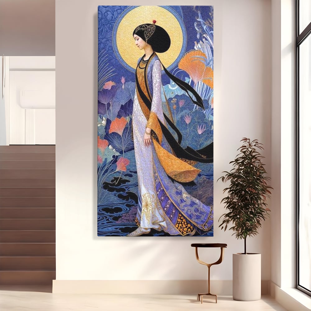 Tablou Canvas Premium, LuxCanva® G1145, Regina Gradinii Lunare, Lady, Luna, Flori, Eleganta, Oriental, Lotus, Rafinat, Art Nouveau, Mistic, Visare, Plimbare, Birou, Living