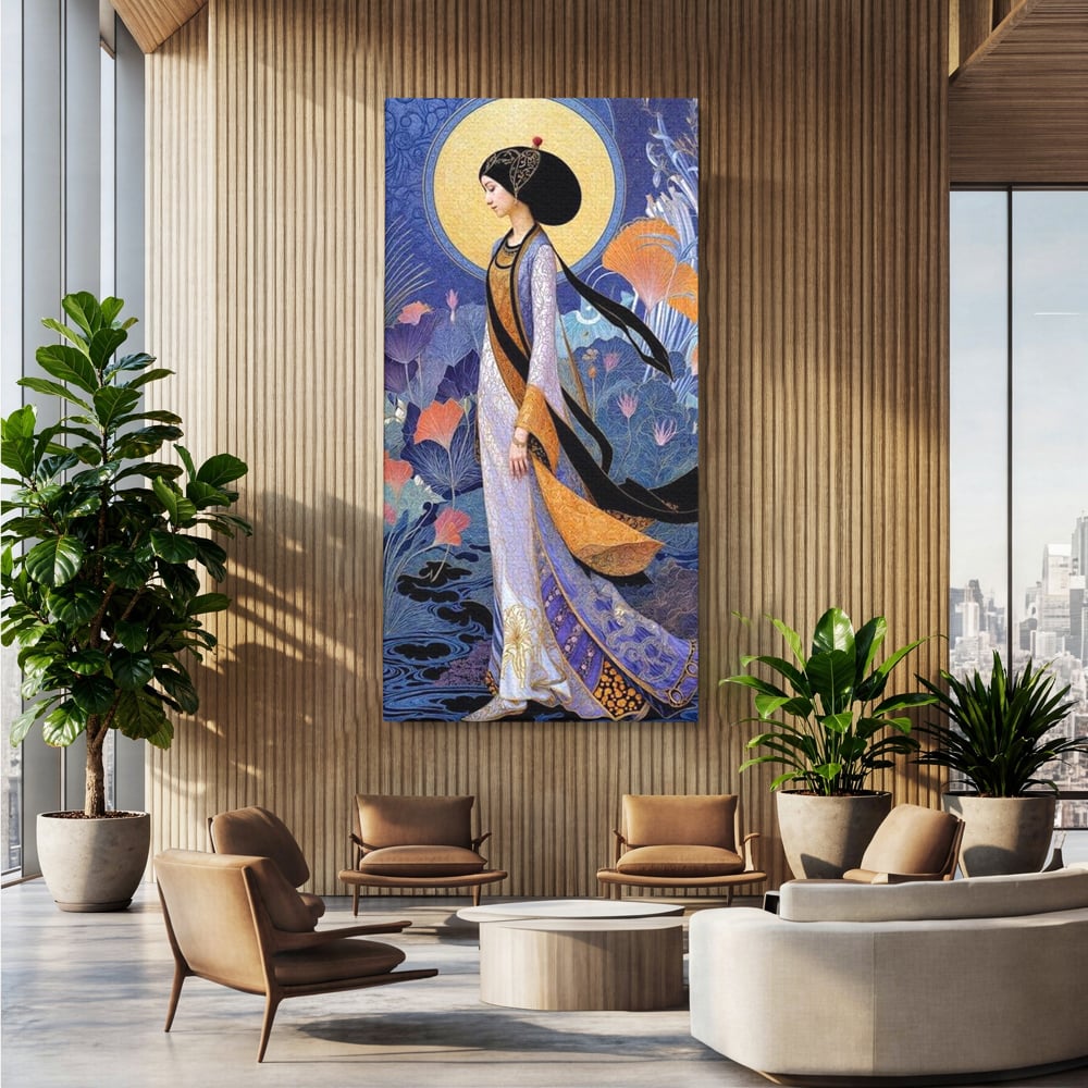 Tablou Canvas Premium, LuxCanva® G1145, Regina Gradinii Lunare, Lady, Luna, Flori, Eleganta, Oriental, Lotus, Rafinat, Art Nouveau, Mistic, Visare, Plimbare, Birou, Living