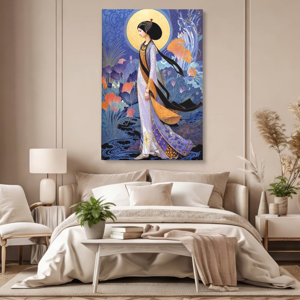 Tablou Canvas Premium, LuxCanva® G1145, Regina Gradinii Lunare, Lady, Luna, Flori, Eleganta, Oriental, Lotus, Rafinat, Art Nouveau, Mistic, Visare, Plimbare, Birou, Living