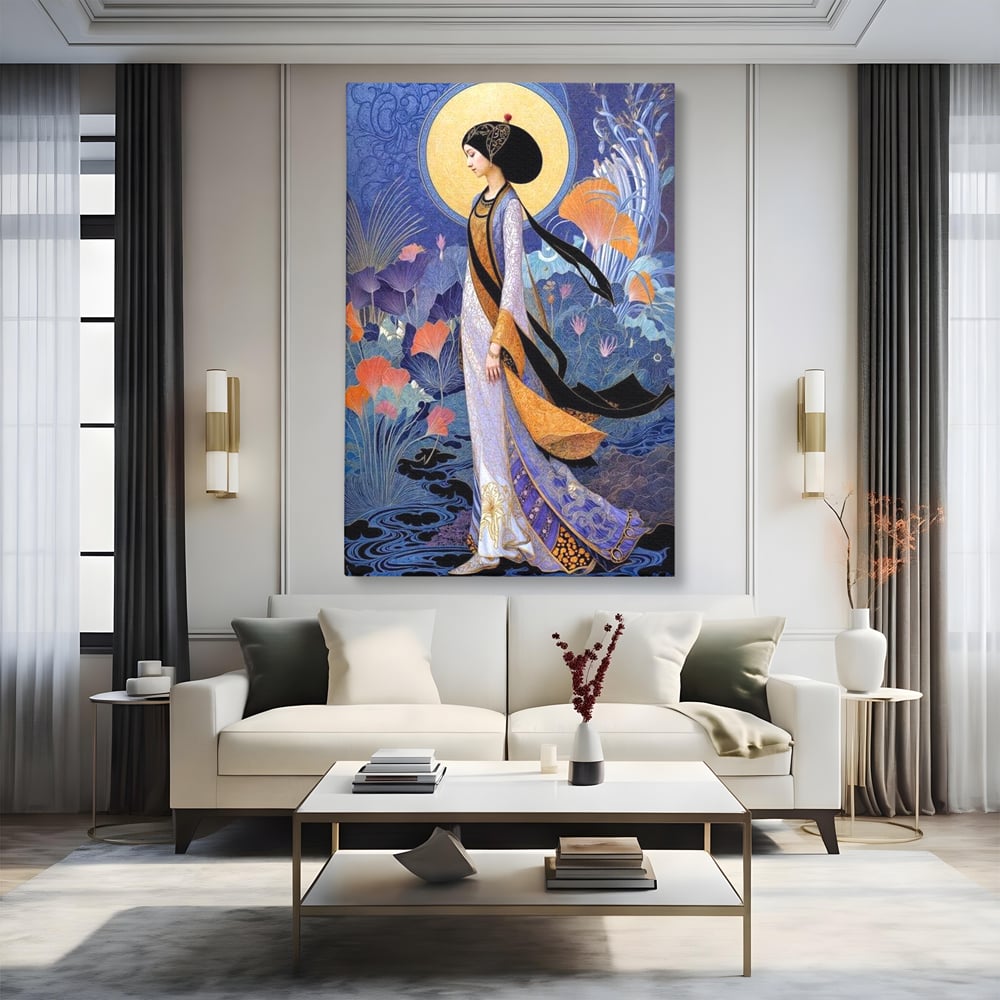 Tablou Canvas Premium, LuxCanva® G1145, Regina Gradinii Lunare, Lady, Luna, Flori, Eleganta, Oriental, Lotus, Rafinat, Art Nouveau, Mistic, Visare, Plimbare, Birou, Living