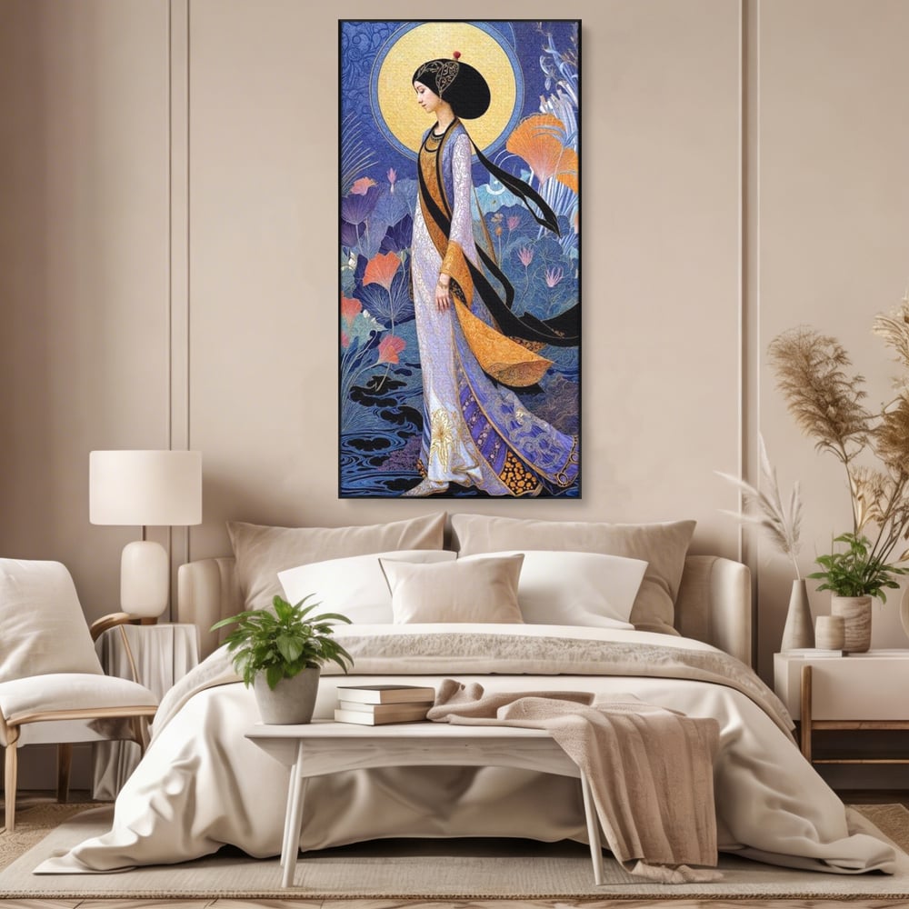 Tablou Canvas Premium, LuxCanva® G1145, Regina Gradinii Lunare, Lady, Luna, Flori, Eleganta, Oriental, Lotus, Rafinat, Art Nouveau, Mistic, Visare, Plimbare, Birou, Living