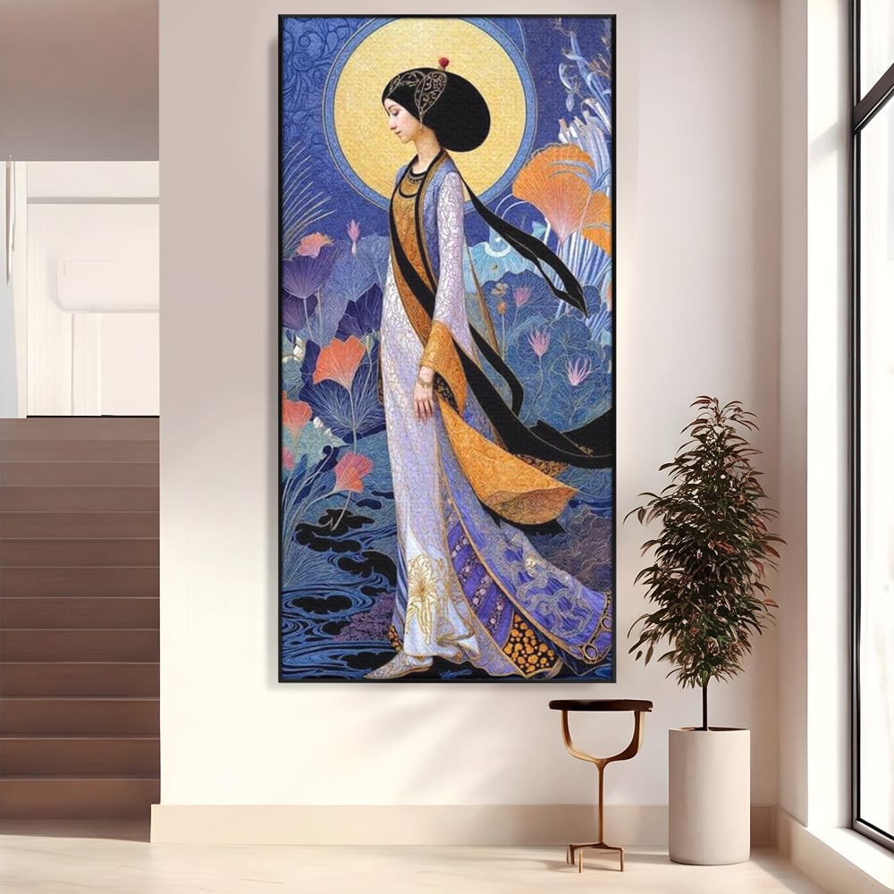 Tablou Canvas Premium, LuxCanva® G1145, Regina Gradinii Lunare, Lady, Luna, Flori, Eleganta, Oriental, Lotus, Rafinat, Art Nouveau, Mistic, Visare, Plimbare, Birou, Living