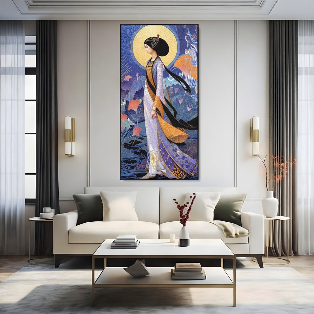 Tablou Canvas Premium, LuxCanva® G1145, Regina Gradinii Lunare, Lady, Luna, Flori, Eleganta, Oriental, Lotus, Rafinat, Art Nouveau, Mistic, Visare, Plimbare, Birou, Living