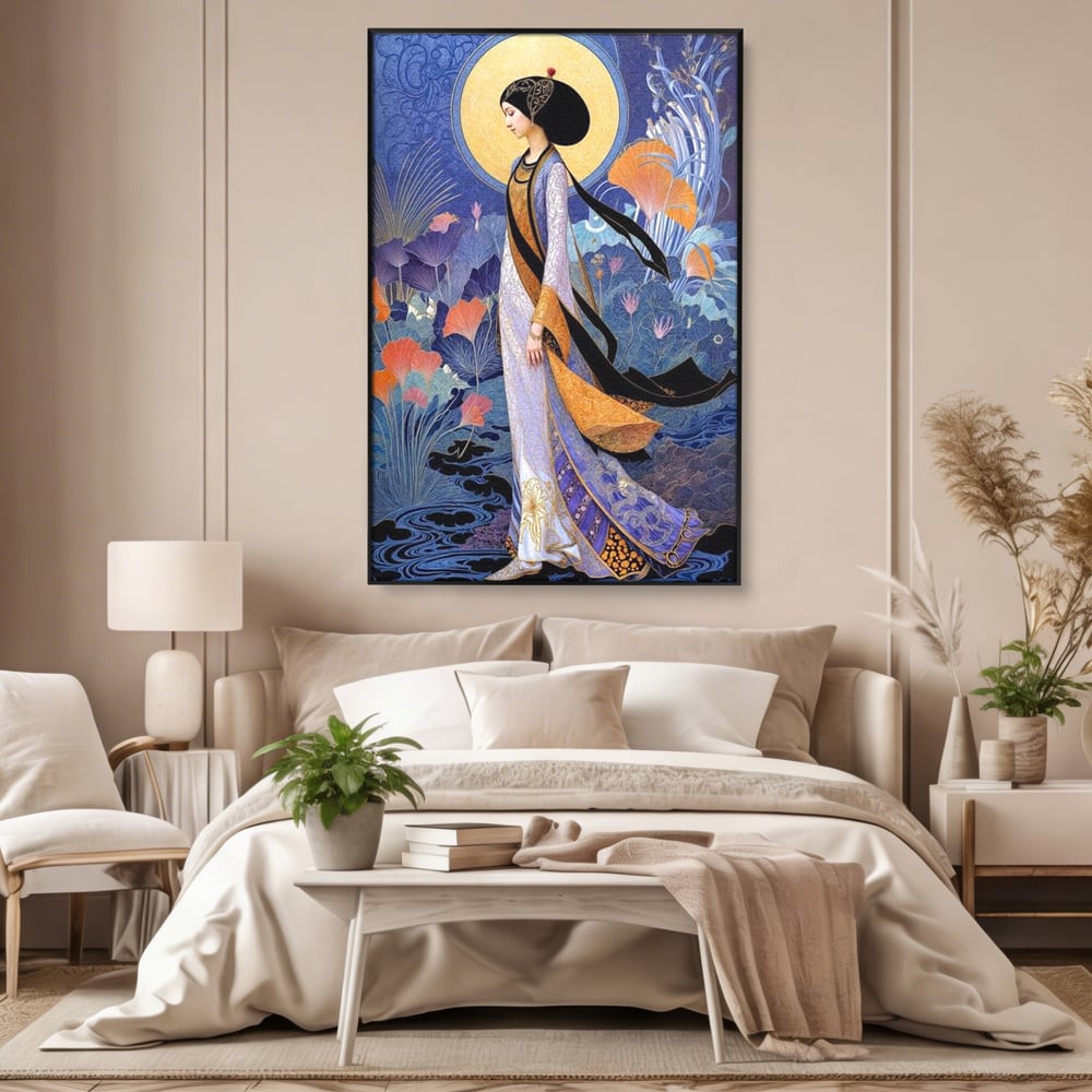 Tablou Canvas Premium, LuxCanva® G1145, Regina Gradinii Lunare, Lady, Luna, Flori, Eleganta, Oriental, Lotus, Rafinat, Art Nouveau, Mistic, Visare, Plimbare, Birou, Living