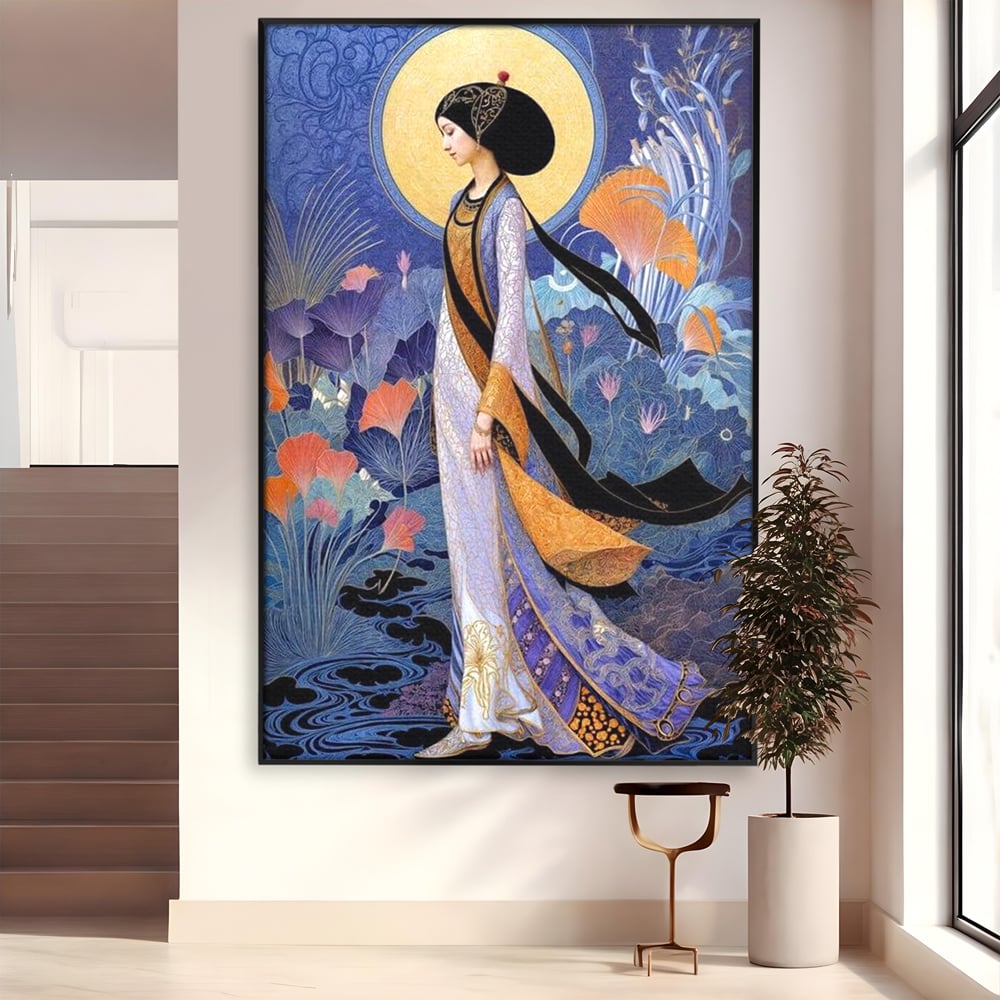 Tablou Canvas Premium, LuxCanva® G1145, Regina Gradinii Lunare, Lady, Luna, Flori, Eleganta, Oriental, Lotus, Rafinat, Art Nouveau, Mistic, Visare, Plimbare, Birou, Living