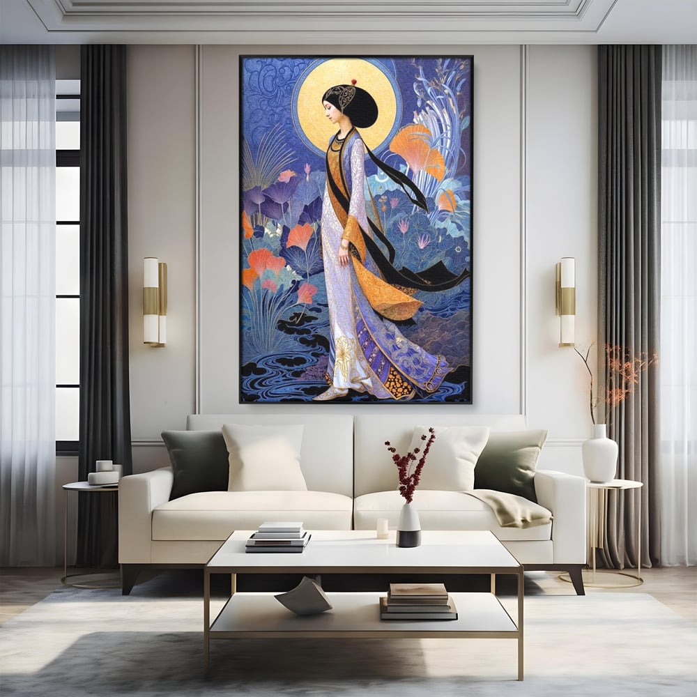 Tablou Canvas Premium, LuxCanva® G1145, Regina Gradinii Lunare, Lady, Luna, Flori, Eleganta, Oriental, Lotus, Rafinat, Art Nouveau, Mistic, Visare, Plimbare, Birou, Living