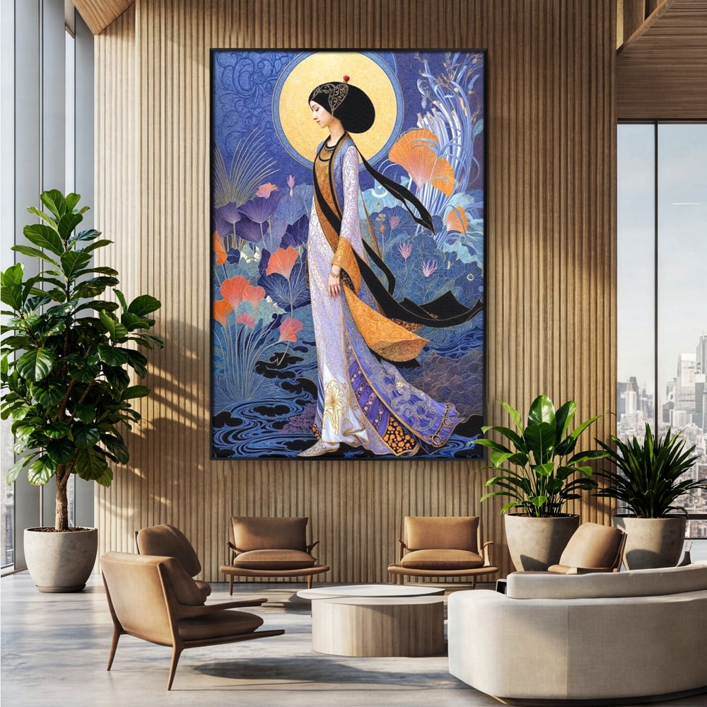 Tablou Canvas Premium, LuxCanva® G1145, Regina Gradinii Lunare, Lady, Luna, Flori, Eleganta, Oriental, Lotus, Rafinat, Art Nouveau, Mistic, Visare, Plimbare, Birou, Living