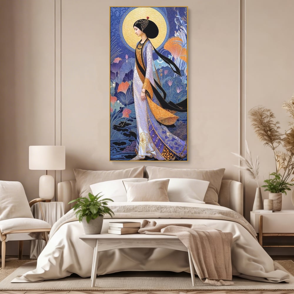 Tablou Canvas Premium, LuxCanva® G1145, Regina Gradinii Lunare, Lady, Luna, Flori, Eleganta, Oriental, Lotus, Rafinat, Art Nouveau, Mistic, Visare, Plimbare, Birou, Living