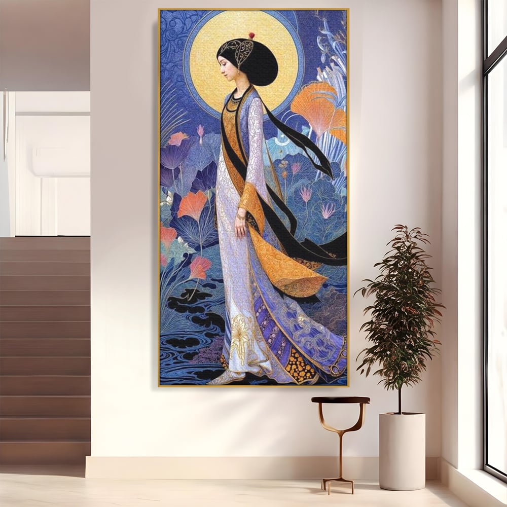Tablou Canvas Premium, LuxCanva® G1145, Regina Gradinii Lunare, Lady, Luna, Flori, Eleganta, Oriental, Lotus, Rafinat, Art Nouveau, Mistic, Visare, Plimbare, Birou, Living