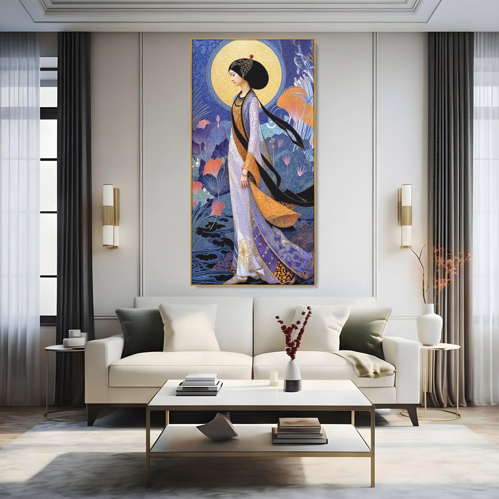 Tablou Canvas Premium, LuxCanva® G1145, Regina Gradinii Lunare, Lady, Luna, Flori, Eleganta, Oriental, Lotus, Rafinat, Art Nouveau, Mistic, Visare, Plimbare, Birou, Living
