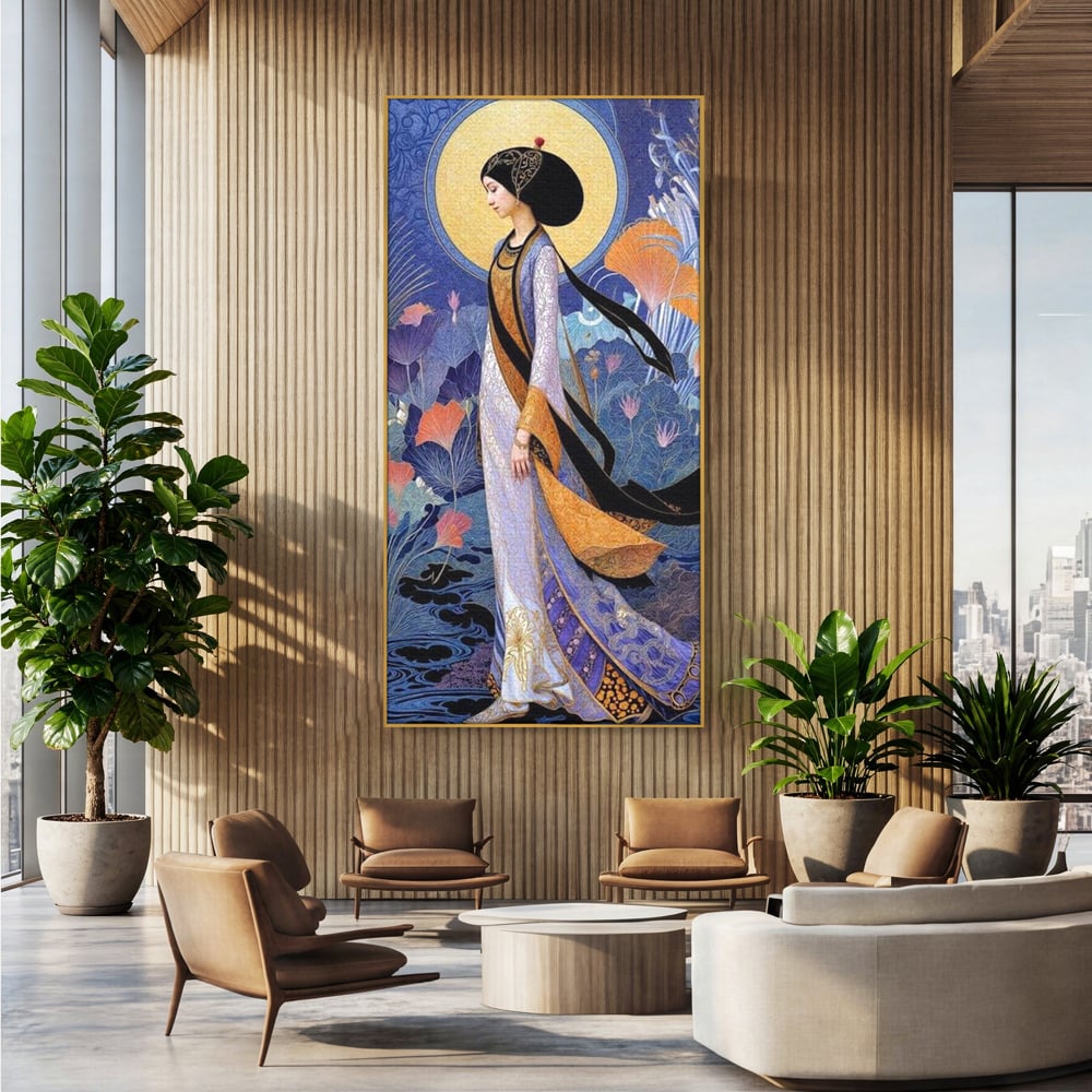 Tablou Canvas Premium, LuxCanva® G1145, Regina Gradinii Lunare, Lady, Luna, Flori, Eleganta, Oriental, Lotus, Rafinat, Art Nouveau, Mistic, Visare, Plimbare, Birou, Living