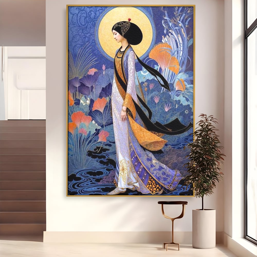 Tablou Canvas Premium, LuxCanva® G1145, Regina Gradinii Lunare, Lady, Luna, Flori, Eleganta, Oriental, Lotus, Rafinat, Art Nouveau, Mistic, Visare, Plimbare, Birou, Living