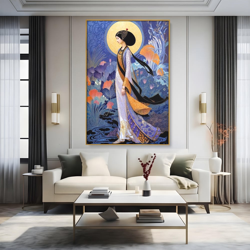 Tablou Canvas Premium, LuxCanva® G1145, Regina Gradinii Lunare, Lady, Luna, Flori, Eleganta, Oriental, Lotus, Rafinat, Art Nouveau, Mistic, Visare, Plimbare, Birou, Living