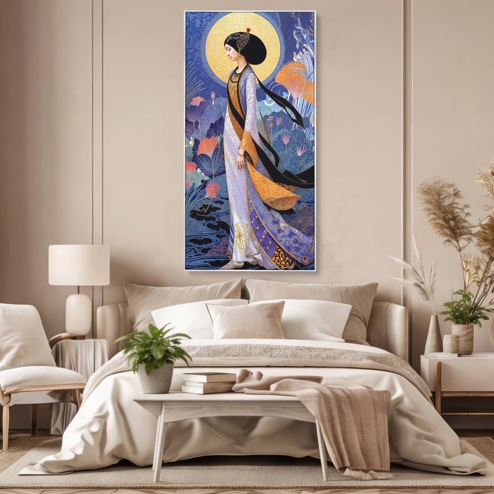 Tablou Canvas Premium, LuxCanva® G1145, Regina Gradinii Lunare, Lady, Luna, Flori, Eleganta, Oriental, Lotus, Rafinat, Art Nouveau, Mistic, Visare, Plimbare, Birou, Living