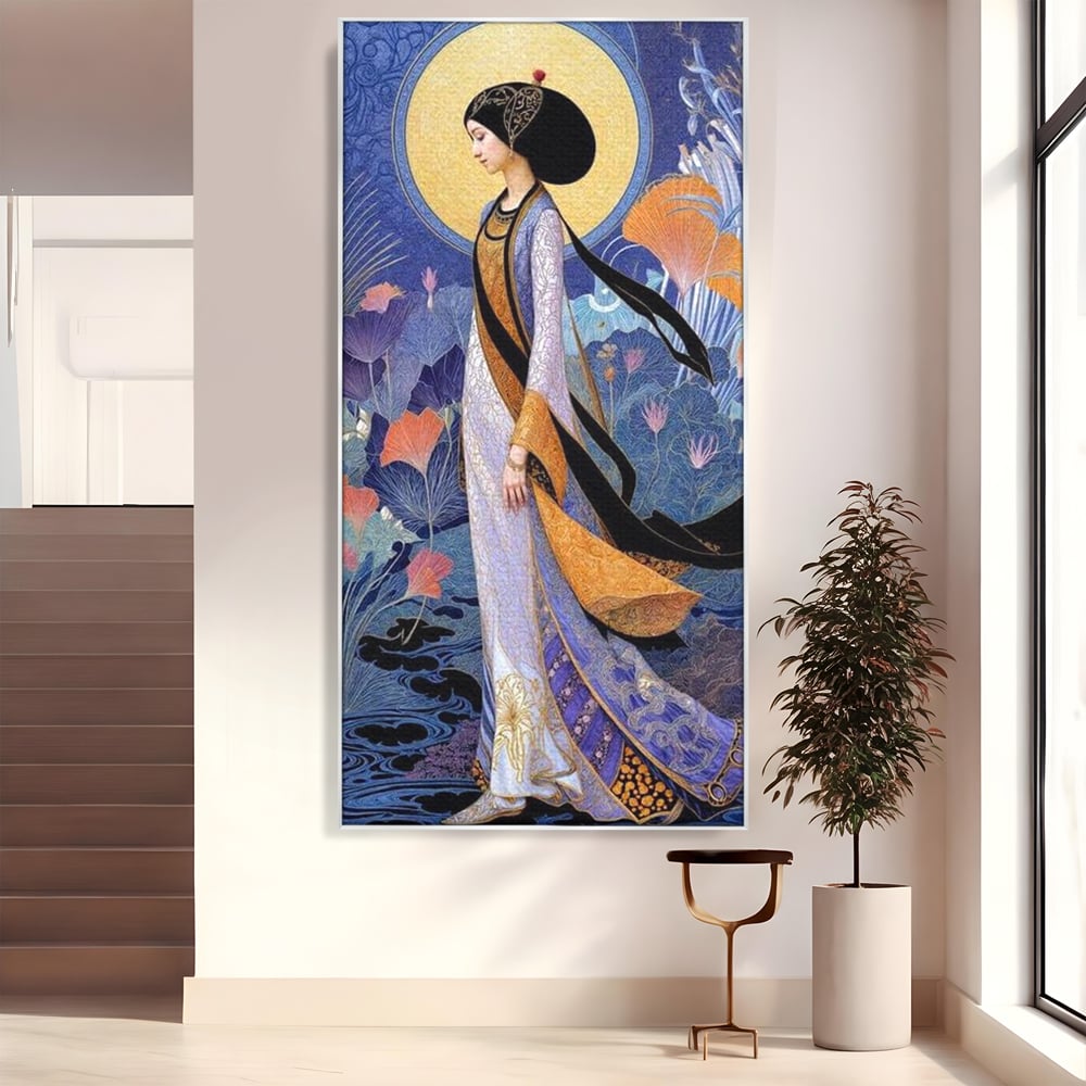Tablou Canvas Premium, LuxCanva® G1145, Regina Gradinii Lunare, Lady, Luna, Flori, Eleganta, Oriental, Lotus, Rafinat, Art Nouveau, Mistic, Visare, Plimbare, Birou, Living