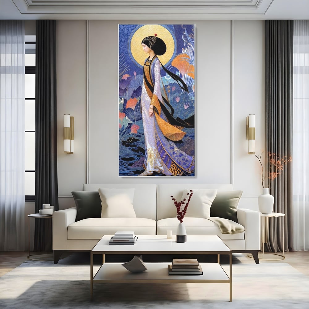 Tablou Canvas Premium, LuxCanva® G1145, Regina Gradinii Lunare, Lady, Luna, Flori, Eleganta, Oriental, Lotus, Rafinat, Art Nouveau, Mistic, Visare, Plimbare, Birou, Living