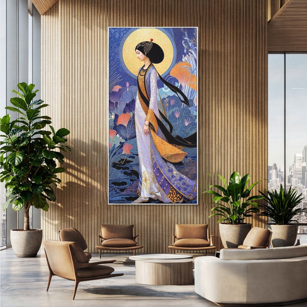 Tablou Canvas Premium, LuxCanva® G1145, Regina Gradinii Lunare, Lady, Luna, Flori, Eleganta, Oriental, Lotus, Rafinat, Art Nouveau, Mistic, Visare, Plimbare, Birou, Living