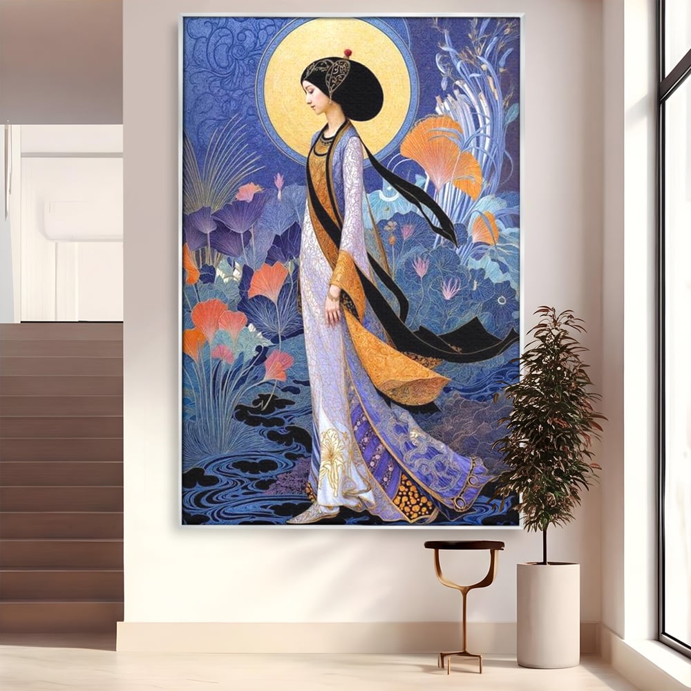 Tablou Canvas Premium, LuxCanva® G1145, Regina Gradinii Lunare, Lady, Luna, Flori, Eleganta, Oriental, Lotus, Rafinat, Art Nouveau, Mistic, Visare, Plimbare, Birou, Living
