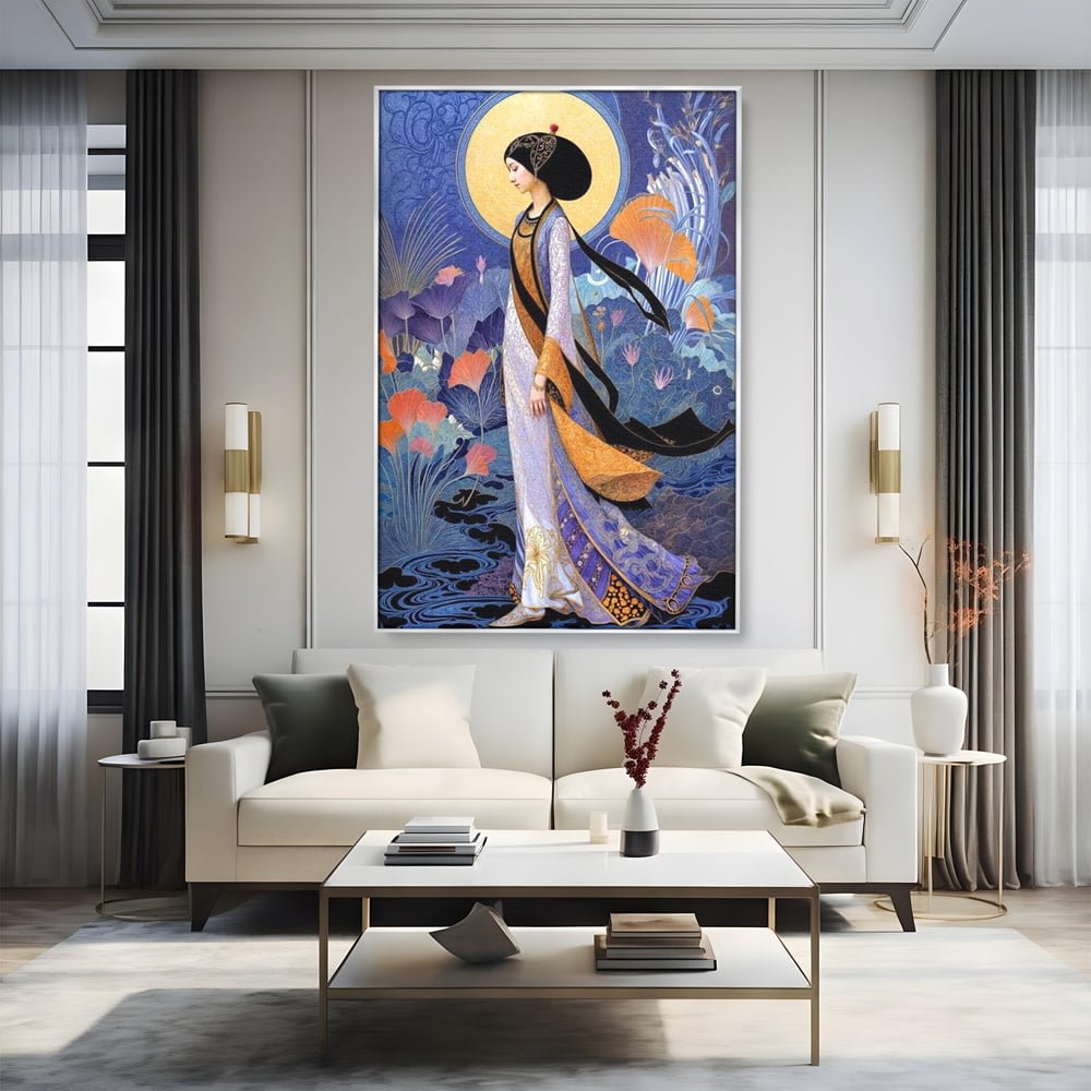 Tablou Canvas Premium, LuxCanva® G1145, Regina Gradinii Lunare, Lady, Luna, Flori, Eleganta, Oriental, Lotus, Rafinat, Art Nouveau, Mistic, Visare, Plimbare, Birou, Living