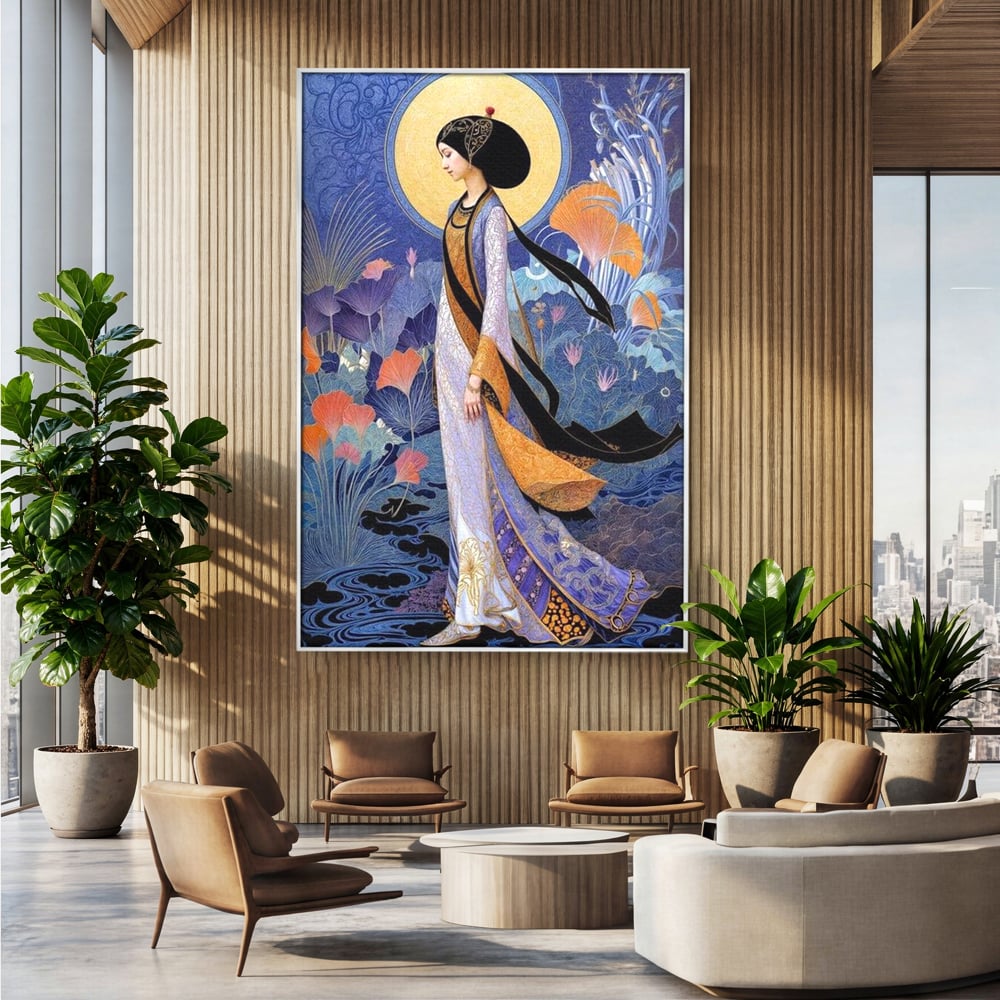 Tablou Canvas Premium, LuxCanva® G1145, Regina Gradinii Lunare, Lady, Luna, Flori, Eleganta, Oriental, Lotus, Rafinat, Art Nouveau, Mistic, Visare, Plimbare, Birou, Living