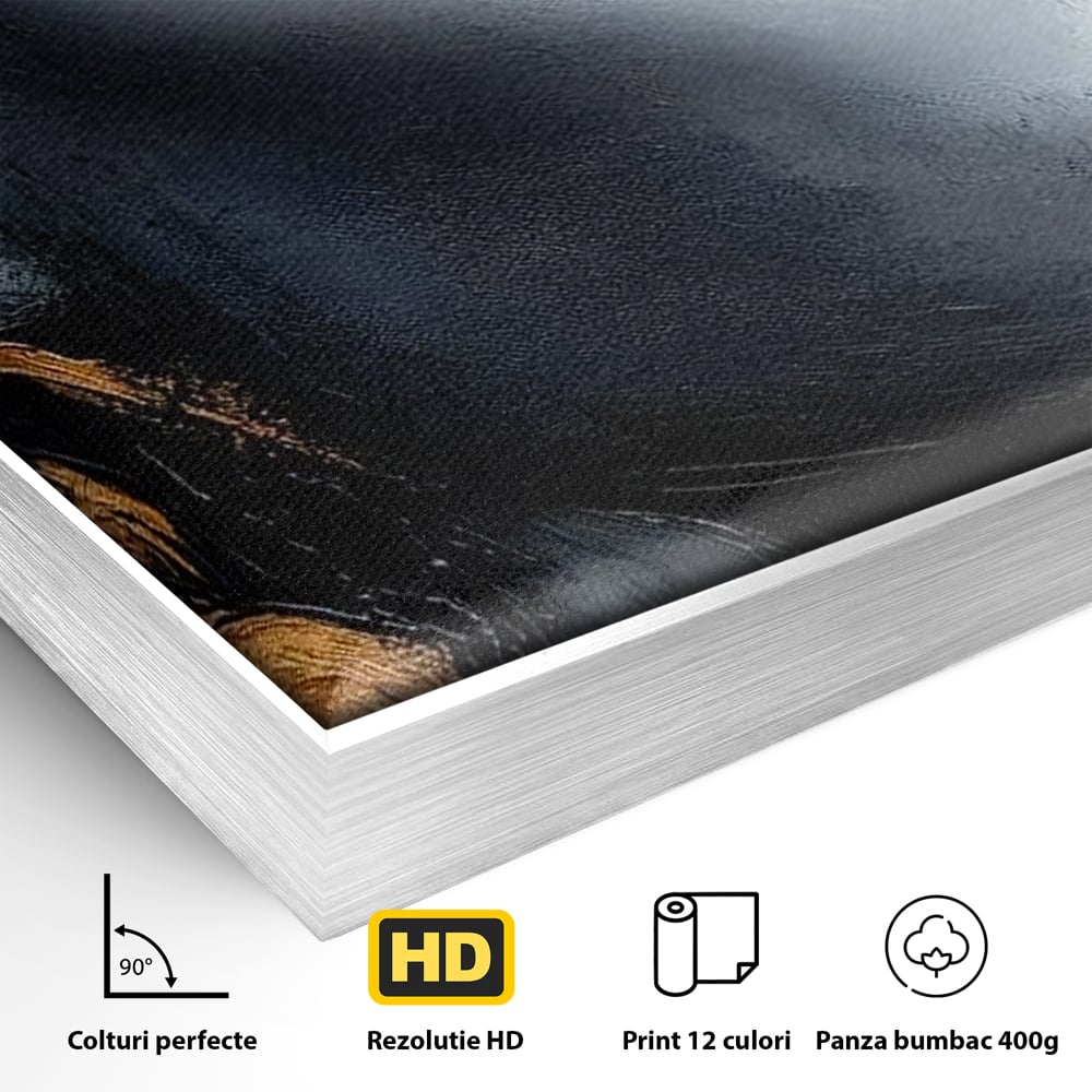 Tablou Canvas Premium, LuxCanva® G1146, Femeia cu Profil de Aur, Arta, Moderna, Pictura, Contemporan, Auriu, Modern, Alb, Negru, Eleganta, Impletitura, Birou, Living