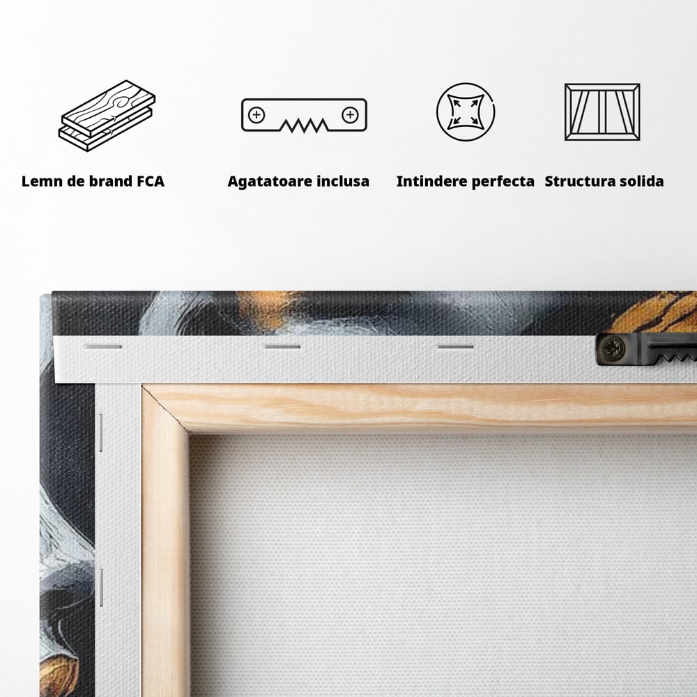 Tablou Canvas Premium, LuxCanva® G1146, Femeia cu Profil de Aur, Arta, Moderna, Pictura, Contemporan, Auriu, Modern, Alb, Negru, Eleganta, Impletitura, Birou, Living