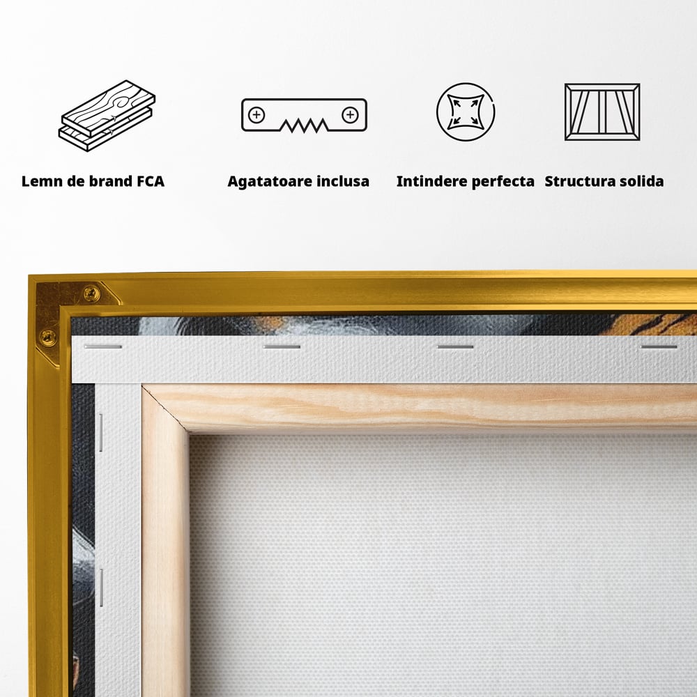 Tablou Canvas Premium, LuxCanva® G1146, Femeia cu Profil de Aur, Arta, Moderna, Pictura, Contemporan, Auriu, Modern, Alb, Negru, Eleganta, Impletitura, Birou, Living