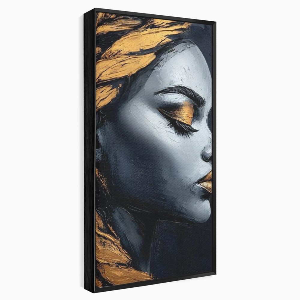Tablou Canvas Premium, LuxCanva® G1146, Femeia cu Profil de Aur, Arta, Moderna, Pictura, Contemporan, Auriu, Modern, Alb, Negru, Eleganta, Impletitura, Birou, Living