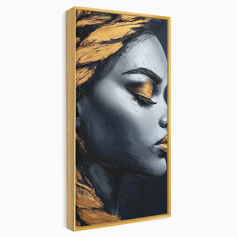 Tablou Canvas Premium, LuxCanva® G1146, Femeia cu Profil de Aur, Arta, Moderna, Pictura, Contemporan, Auriu, Modern, Alb, Negru, Eleganta, Impletitura, Birou, Living