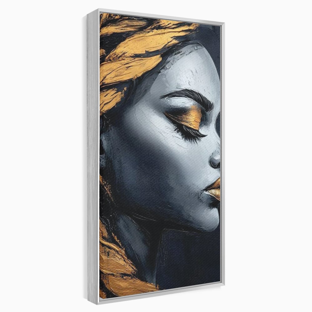 Tablou Canvas Premium, LuxCanva® G1146, Femeia cu Profil de Aur, Arta, Moderna, Pictura, Contemporan, Auriu, Modern, Alb, Negru, Eleganta, Impletitura, Birou, Living