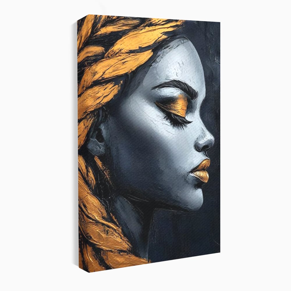 Tablou Canvas Premium, LuxCanva® G1146, Femeia cu Profil de Aur, Arta, Moderna, Pictura, Contemporan, Auriu, Modern, Alb, Negru, Eleganta, Impletitura, Birou, Living