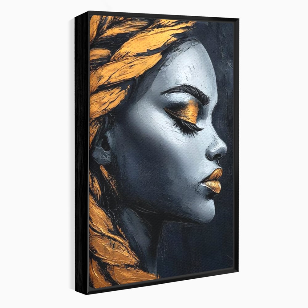 Tablou Canvas Premium, LuxCanva® G1146, Femeia cu Profil de Aur, Arta, Moderna, Pictura, Contemporan, Auriu, Modern, Alb, Negru, Eleganta, Impletitura, Birou, Living