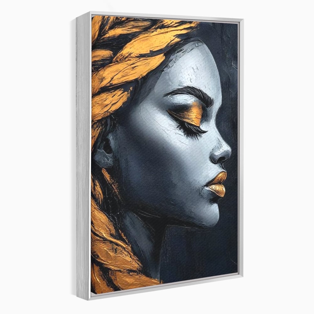 Tablou Canvas Premium, LuxCanva® G1146, Femeia cu Profil de Aur, Arta, Moderna, Pictura, Contemporan, Auriu, Modern, Alb, Negru, Eleganta, Impletitura, Birou, Living