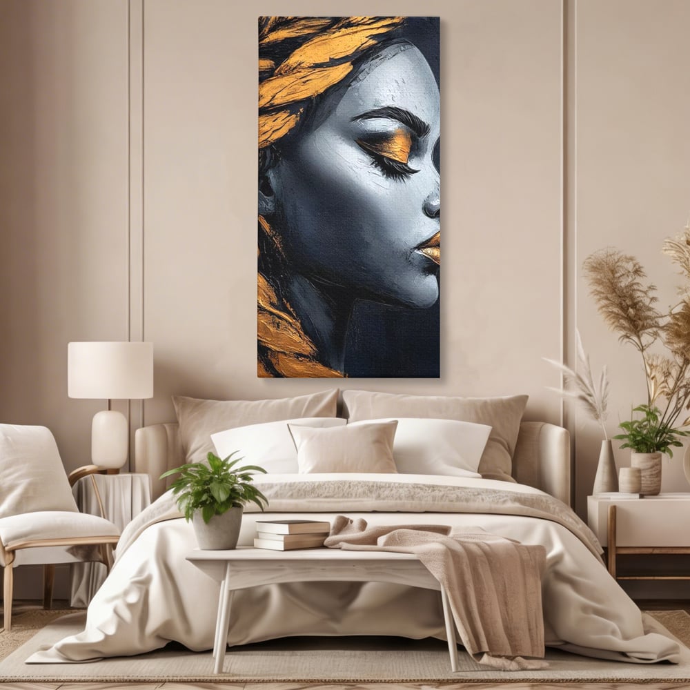 Tablou Canvas Premium, LuxCanva® G1146, Femeia cu Profil de Aur, Arta, Moderna, Pictura, Contemporan, Auriu, Modern, Alb, Negru, Eleganta, Impletitura, Birou, Living