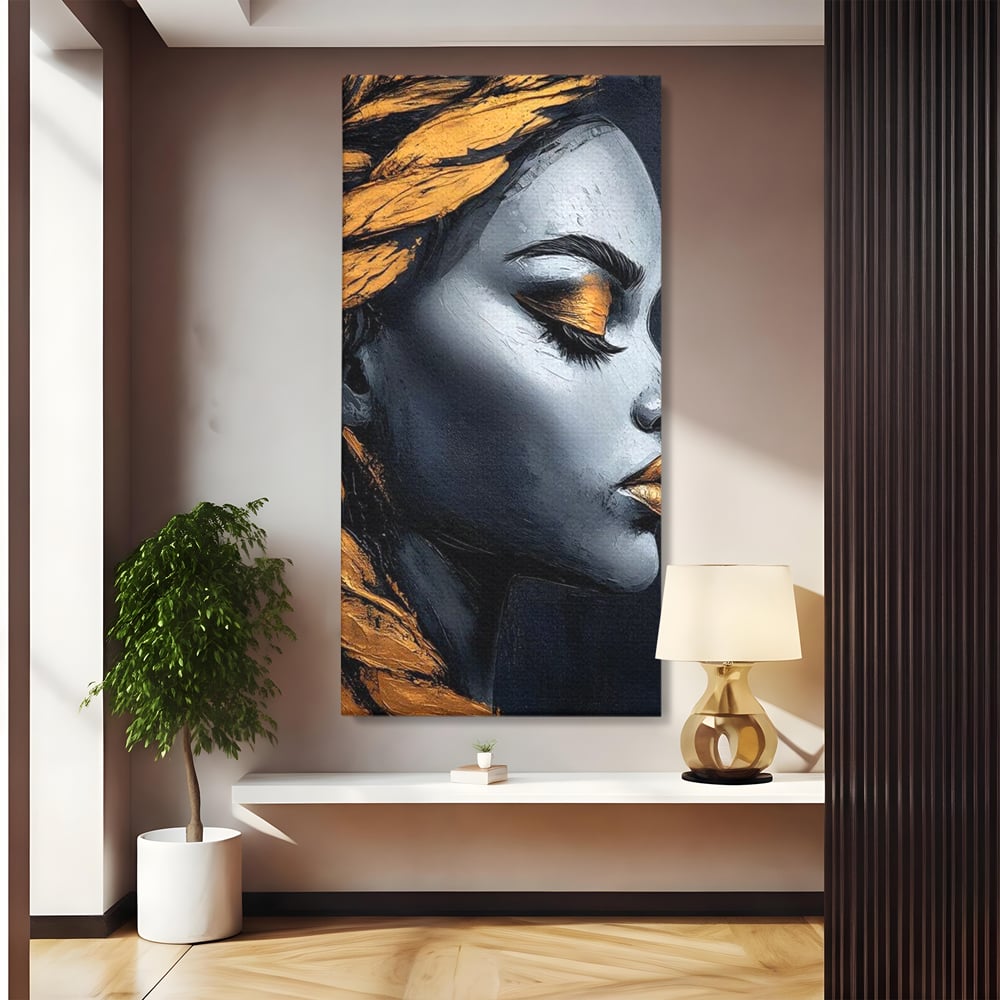 Tablou Canvas Premium, LuxCanva® G1146, Femeia cu Profil de Aur, Arta, Moderna, Pictura, Contemporan, Auriu, Modern, Alb, Negru, Eleganta, Impletitura, Birou, Living