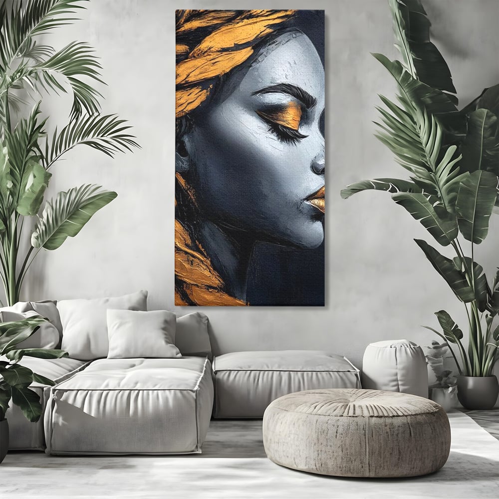 Tablou Canvas Premium, LuxCanva® G1146, Femeia cu Profil de Aur, Arta, Moderna, Pictura, Contemporan, Auriu, Modern, Alb, Negru, Eleganta, Impletitura, Birou, Living