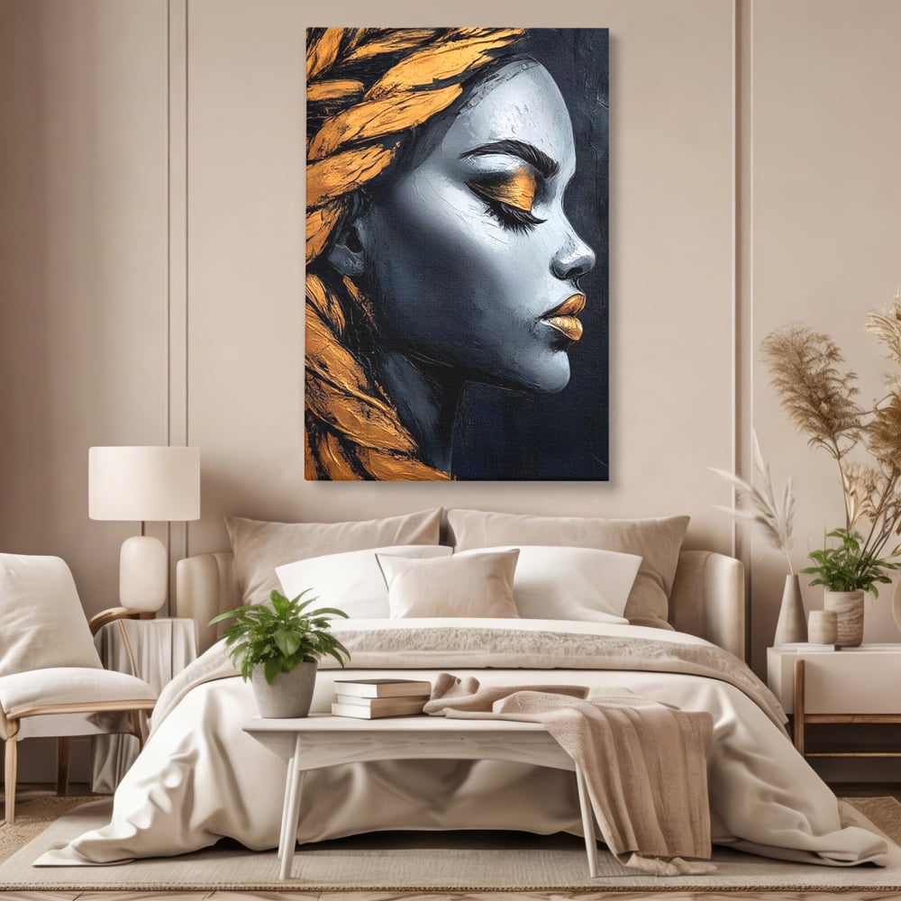 Tablou Canvas Premium, LuxCanva® G1146, Femeia cu Profil de Aur, Arta, Moderna, Pictura, Contemporan, Auriu, Modern, Alb, Negru, Eleganta, Impletitura, Birou, Living