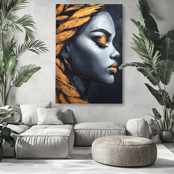 Tablou Canvas Premium, LuxCanva® G1146, Femeia cu Profil de Aur, Arta, Moderna, Pictura, Contemporan, Auriu, Modern, Alb, Negru, Eleganta, Impletitura, Birou, Living