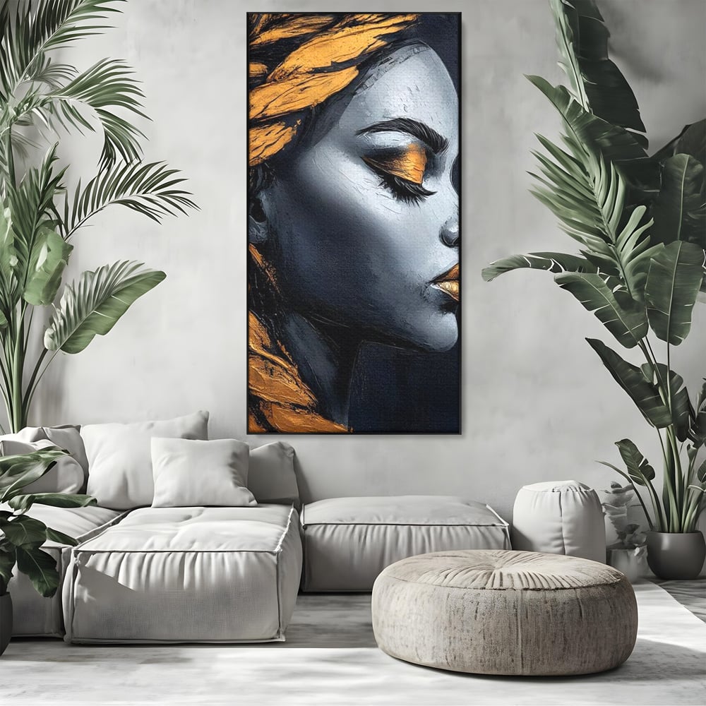 Tablou Canvas Premium, LuxCanva® G1146, Femeia cu Profil de Aur, Arta, Moderna, Pictura, Contemporan, Auriu, Modern, Alb, Negru, Eleganta, Impletitura, Birou, Living
